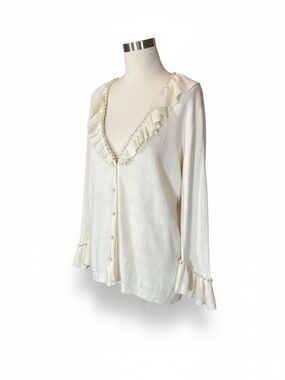 Ivory Y2K Coquette Style Ruffle-Trim Button Front Women's Cardigan Sweater NWT